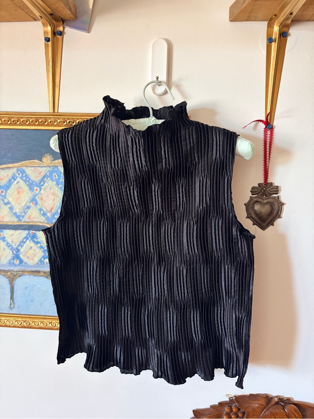 Black Pleated Sleeveless Mock Neck Top